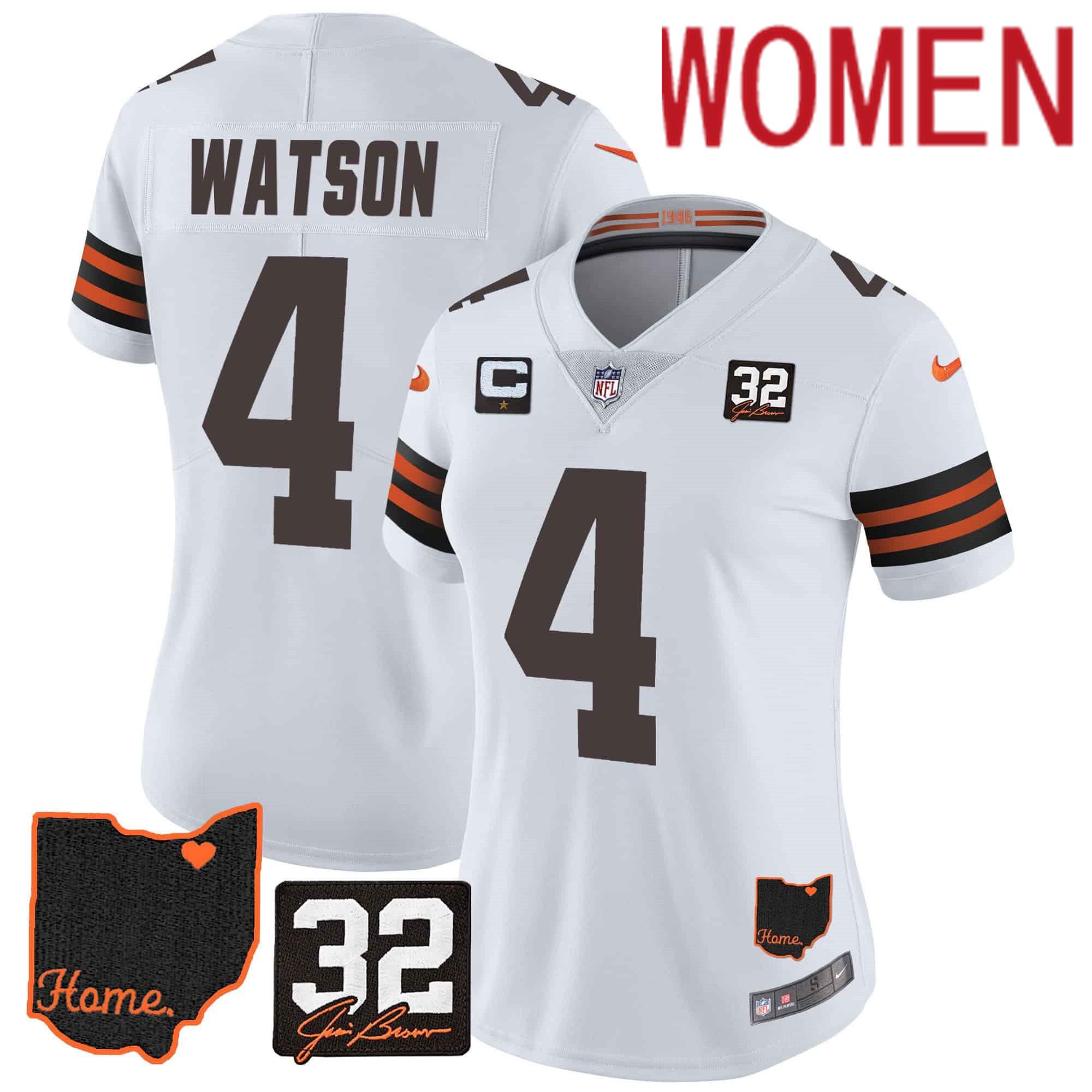 Women Cleveland Browns #4 Watson White Memorial Home Patch 2024 Nike NFL Jersey